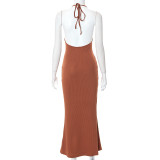 New Halterneck Lace-up Solid Color Open-back Dress