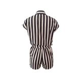 Versatile Striped Lapel Shirt Shorts Set