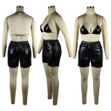 Solid Color Stretch PU Bikini Bra And Shorts Two-piece Set