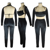 Solid Color Tube Top Suspender Long-sleeved Trousers Three-piece Set