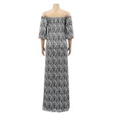 Fashion Print Flat-Shoulder Mid-Sleeve Maxi Dress