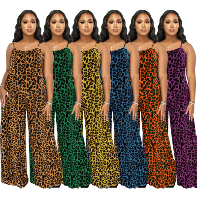 Summer Leopard Print Suspender Casual Plus Size Jumpsuit