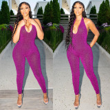 Solid Color Sleeveless Halter Neck Backless Sexy Jumpsuit