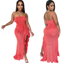 Sexy Mesh Ruffle High Slit Bandeau Dress