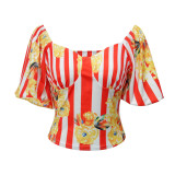 Sexy Yellow Printed Red Striped Puff Sleeve Top