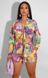 Printed Deep V Tie Navel Crop Shorts Two Piece Set
