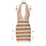 Striped Halterneck Open Back Deep V Knit Dress