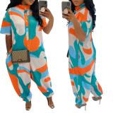 Loose Personality Printed Stand Collar Jumpsuit