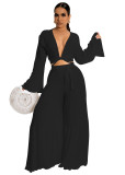 Solid Flared Sleeve Lace-Up Wide-Leg Pant Set