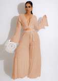 Solid Flared Sleeve Lace-Up Wide-Leg Pant Set