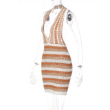 Striped Halterneck Open Back Deep V Knit Dress