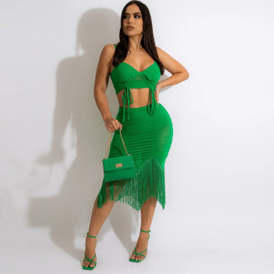 Solid Color Sexy Suspenders Irregular Pleated Fringed Skirt Two-piece Set