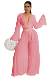 Solid Flared Sleeve Lace-Up Wide-Leg Pant Set
