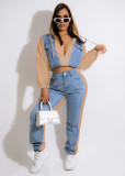 Hot Sale Casual Denim Paneled Hooded Suit