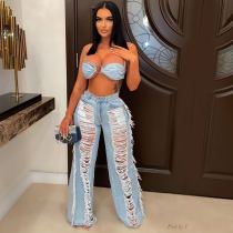 Sexy Denim Tube Top Open Back Ripped Tassel Suit