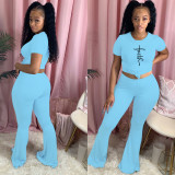 Solid Color Crew Neck Flared Pants Two Piece Set
