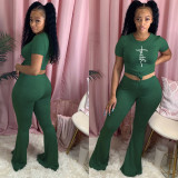 Solid Color Crew Neck Flared Pants Two Piece Set