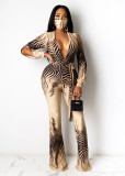 Fashion Sexy V-Neck Print Flared Jumpsuit