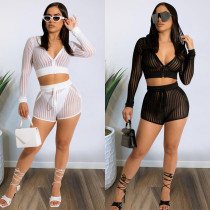 Casual Striped Mesh Yarn Hot Selling Two-piece Set