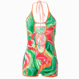 Printed Sexy Deep V Strap Hip Lift Jumpsuit
