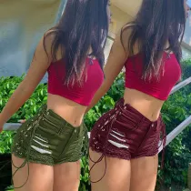 Ripped Hole Side Eyelet Bandage Fashion Denim Shorts