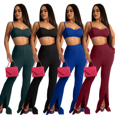 High Waist Solid Flare Slit Trousers