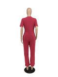 Hot Sale Solid Color V-Neck Short Sleeve Jumpsuit