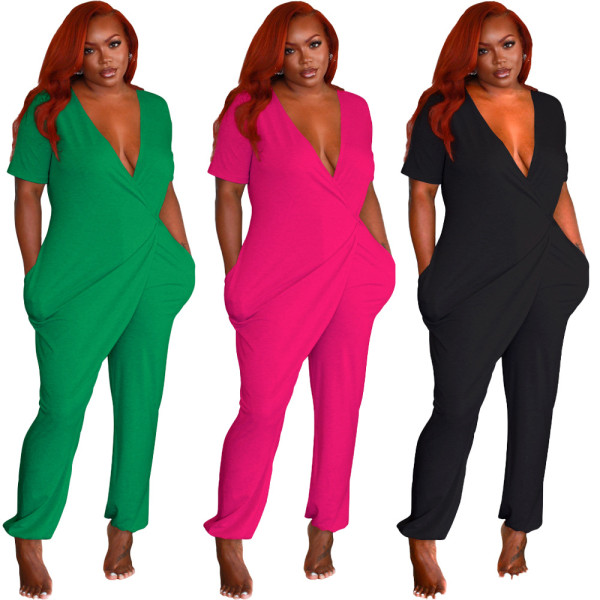 Hot Sale Solid Color V-Neck Short Sleeve Jumpsuit