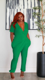 Hot Sale Solid Color V-Neck Short Sleeve Jumpsuit