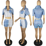 Bright Silk Two-color Stitching Short Two-piece Set