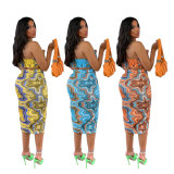 Corrugated Print Halter Bag Hip Skirt Two Piece Set