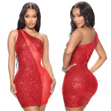 Diagonal Single Shoulder Sleeveless Sequin Stitching Package Hip Dress
