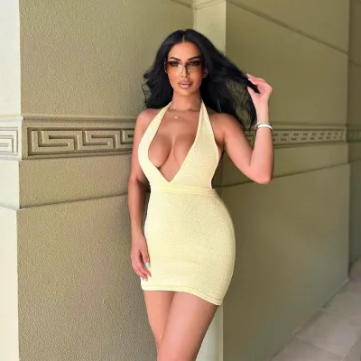 Solid Color Deep V Sexy Backless Halter Dress