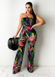 Fashion Sexy Wrap Chest Mesh Gauze Print Jumpsuit