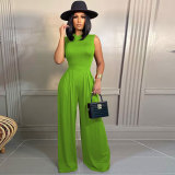 Casual Sleeveless Wide Leg Pants Solid Color New Two-piece Set