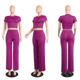 Sexy Round Neck Solid Color Short Sleeve Pocket Two-piece Set