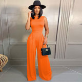 Casual Sleeveless Wide Leg Pants Solid Color New Two-piece Set