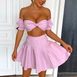 Sexy Halter Wrap Bodice Top Pleated Skirt Hot Girl Two-piece Set