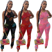 Printed Alphabet Pants Feet Smocked Casual Two-Piece Set