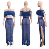 Hollow Sexy Fashion Mesh Grid Tassel Perspective Two-piece Set