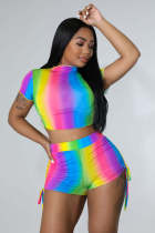 Rainbow Stripe Print Short Sleeve Two Piece