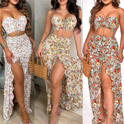 Printed Sexy Smocked Ruffled Two-piece Set