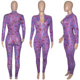 Sexy Mesh Yarn Butterfly Print Zip Long Sleeve  Jumpsuits