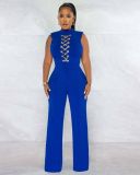 Chain Sleeveless High Waist Tie Solid Casual Wide Leg Jumpsuit