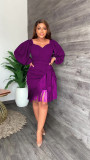 Autumn Solid Color Long Sleeve Fringed Dress