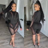 Fashion Net Yarn Perspective Crew Neck Long Sleeve Two Piece Set