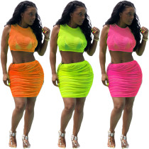 Solid Color Mesh Yarn Beach Pleated Skirt Casual Two-piece Set