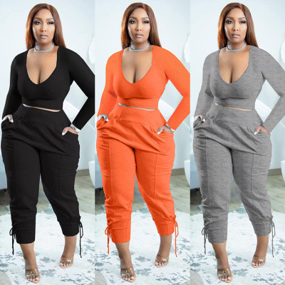 Fashion Sexy V-neck Solid Color Trousers Casual Two-piece Set
