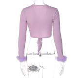 Sexy Knotted Cropped Long Sleeve T-Shirt