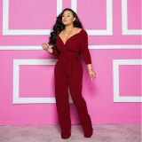 Fashion Long Sleeve Solid Color V-Neck Tight Jumpsuit